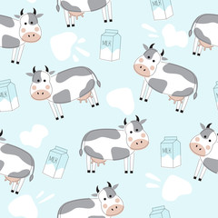 Seamless pattern with cute cows and milk packs. Vector illustration in the Scandinavian style. Suitable for postcards, posters, printing on textiles, packaging, decorating a children's room.