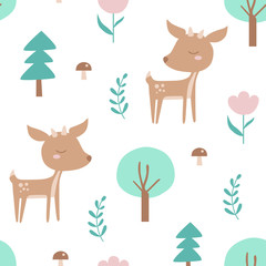Seamless pattern with deer, spruce, mushroom, tree, plant, flower. Creative woodland background. Perfect for kids apparel, fabric, textile, nursery decoration, wrapping paper. Vector Illustration.