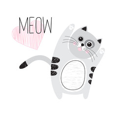 Cute gray cat on a white background. The cat raised its paws upright on its hind legs. Meow. Pink heart .Vector illustration. Suitable for printing on textiles, postcards, posters, T-shirts.