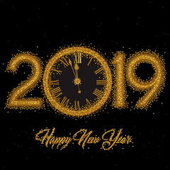 Gold Clock indicating countdown to 12 O' Clock 2019 New Year's Eve on a black background