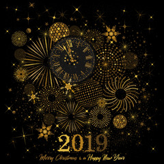 Gold Clock indicating countdown to 12 O' Clock 2019 New Year's Eve on a black 

background with abstract snowflakes and fireworks