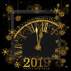 Gold Clock indicating countdown to 12 O' Clock 2019 New Year's Eve on a black 

background with abstract snowflakes and fireworks
