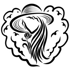 A girl with long hair in a straw hat, with a flower, in the heart