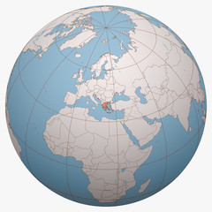 Greece on the globe. Earth hemisphere centered at the location of the Hellenic Republic. Hellas map.
