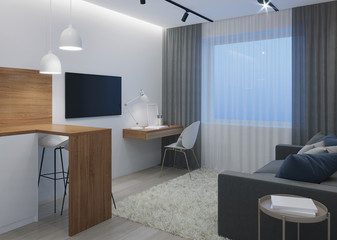 Design a small room with a sofa. Night. Evening lighting. 3D rendering.