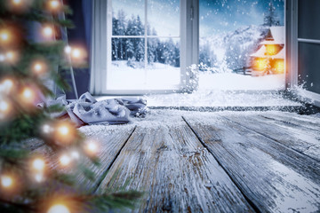 table background with winter window and christmas tree 