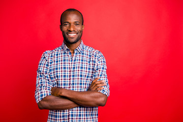 Portrait of nice handsome well-groomed attractive cheerful positive cheery guy wearing checked...