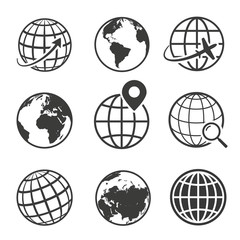 Globe and earth planet black icon set