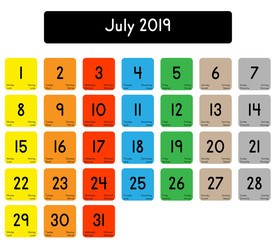 Detailed daily calendar of the month of July 2019