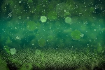 beautiful shiny glitter lights defocused bokeh abstract background and falling snow flakes fly, festal mockup texture with blank space for your content