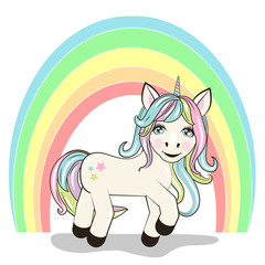 Cute Cartoon Unicorn and rainbow on white
