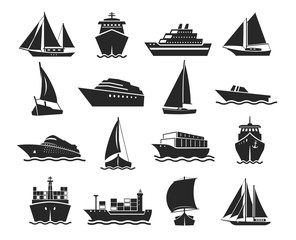 Ship and marine boat black silhouette set - obrazy, fototapety, plakaty