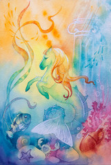 Underwater marine world. Mythical creatures, seahorse, algae, corals, fish, Atlantis.  Watercolor illustration, painting.
