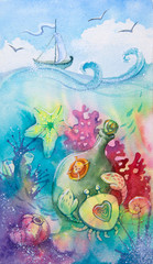 Underwater world, seabed. Sunken treasure, coral reef, fish, crabs, treasure, starfish. Watercolor illustration, drawing.