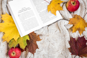 Book, autumn leaves, apples, mug of coffee and mobile phone on knitted plaid. Hello autumn concept.