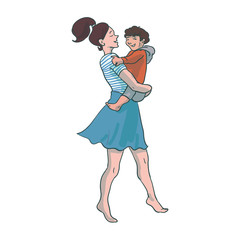 Ręcznie rysowane wektor kobieta z dzieckiem. Matka tańczy z synem. Rodzinnego czasu wektorowa ilustracja, pojęcie szczęśliwy rodzicielstwo i dzieciństwo - 238354100
