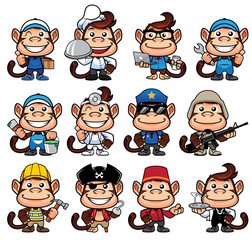 Cartoon monkey in 12 poses for different occupations and isolated on white background. 