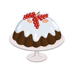 Christmas pudding with berries and almonds, traditional sweet dish glazed with sugar icing and decorated with red currant and nuts, isolated on white background, holiday dinner flat cartoon vector. 