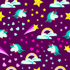 Abstract seamless girlish unicorn pattern for girls.Creative vector background with unicorn, hearts, stars.Funny wallpaper for textile and fabric.Fashion unicorn style.Colorful bright print