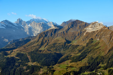 Mountain morning view in Lauterbrunnen valley in Switzerland.