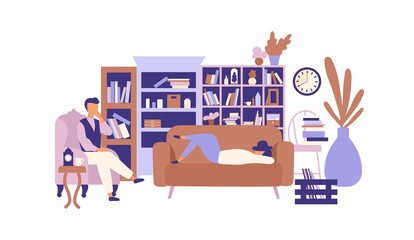 Fototapeta premium Lazy people relaxing in living room full of exquisite furniture. Man and woman spending time at home and lazing around. Laziness and idleness. Colorful vector illustration in trendy flat style.