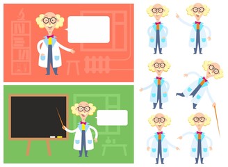 Funny scientist with different emotions in varios poses and locations