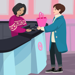 Young beautiful women in winter clothes in a moment of paying with credit card to a shop assistant in ugly sweater. Modern flat style vector illustration