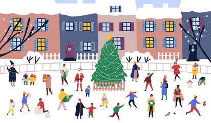 Men and women walking around big Christmas tree on street against city buildings on background. Adults and children performing outdoor activities on town square. Flat cartoon vector illustration.