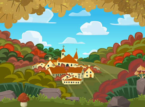 Autumnal vector landscape with little village on a hill. Vector cartoon illustration