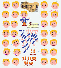 Businessman in casual style. Twenty eight expressions and basics body elements, template for design work and animation. Vector illustration to Isolated and funny cartoon character.