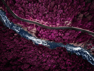 Mountain river and road, infrared aerial view