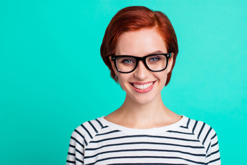 Closeup studio picture portrait of clever pretty charming nice cheerful excited with teeth toothy...