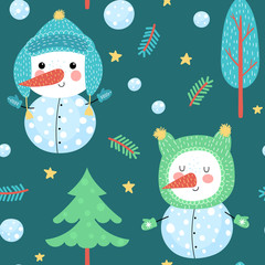Seamless background with cute snowmen