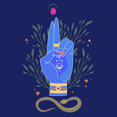 Ornate blessing hand with sacred symbols in bohemian style. Hand drawn vector illustration