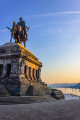 View on river moselle and river rhine from monument of Kaiser Wilhelm I (Emperor William), Deutsches Eck (German Corner) in Koblenz, Germany