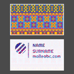 Business card template. Bright retro tribal ornament