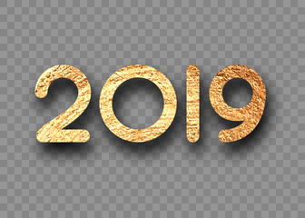New Year 2019 sign with golden figures on transparent background.