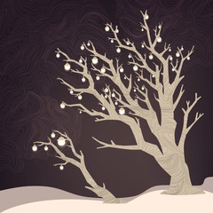 Night background with tree and lamps on it. Vector winter holiday illustration