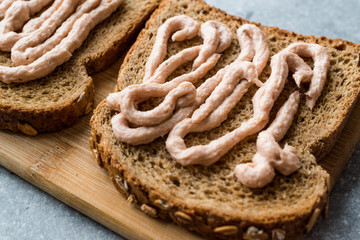 Tuna Cream Paste with Toast Bread on Wooden Board / Creamed Fish Pate.