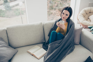 Above high angle view portrait of attractive fascinating charming straight-haired girl wrapped in soft veil cover blanket in jeans denim sitting on divan with book poems stories in light interior room