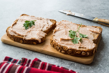Tuna Cream Paste with Toast Bread on Wooden Board / Creamed Fish Pate.