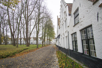 Beguinage in Bruges, cityscape panorama and old town facades, medieval gothic and baroque city in Belgium