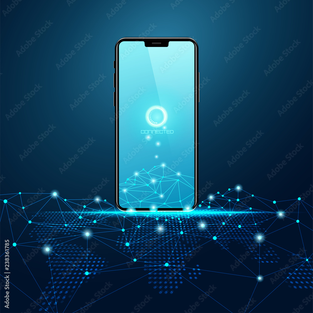 Wall mural concept of mobile technology, black shiny futuristic mobile on wireframe net