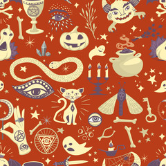 Vintage halloween seamless pattern with magic elements. Vector design for wrapping papers and cards