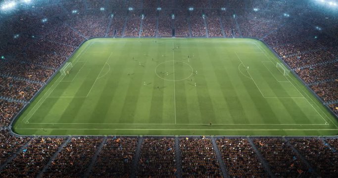 4k footage of a soccer stadium with ongoing game at night. The stadium was made in 3d without using existing references. 