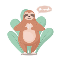 Cartoon cute sloth in greeting pose namaste. Vector  illustration.