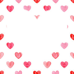 Valentines day card, aquarelle illustration. Seamless pattern with bright hand painted watercolor hearts. Romantic decorative background for Valentine's day gift paper, wedding decor or fabric textile