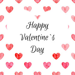 Valentines day card, aquarelle illustration. Seamless pattern with bright hand painted watercolor hearts. Romantic decorative background for Valentine's day gift paper, wedding decor or fabric textile