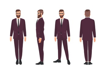 Handsome bearded man or clerk dressed in elegant business suit. Smiling male cartoon character isolated on white background. Front, side and back views. Colored vector illustration in flat style.