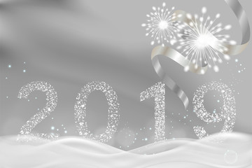 New Year background, fireworks over 2019 silver glitter number with space for text. illustration vector.